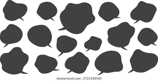 Conjunto de siluetas de burbujas de discurso negro en varias Formas redondeadas. Los iconos de diálogo sólidos representan conceptos de mensajería, conversación y comunicación. Ideal para diseño de chat, cómics, stickers y proyectos gráficos modernos.