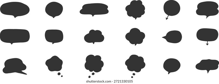 Conjunto de silhuetas de bolhas de fala pretas em várias formas arredondadas. Ícones de diálogo sólido representam conceitos de mensagens, conversas e comunicações. Ideal para design de bate-papo, quadrinhos, adesivos e projetos gráficos modernos.