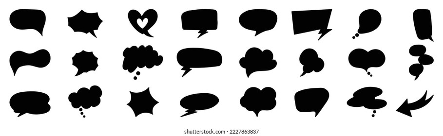 Set of black speech bubble vector on white background. Dialog, talk, speech, think, cloud, speech balloon vector in various organic shape. Design suitable for comic text, sticker, banner, chat icon.