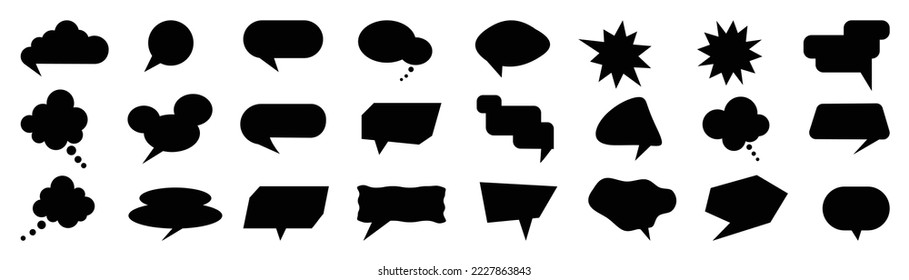 Conjunto de vector de burbuja de habla negra sobre fondo blanco. Diálogo, charla, habla, pensamiento, nube, globo de voz vectorial en varias formas orgánicas. Diseño adecuado para texto de historieta, pegatina, banner, icono de chat.