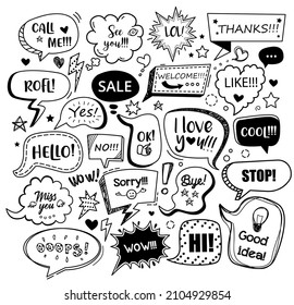 Set of black speech bubbles with different words in doodle style for communication in social media. Isolated vector illustration.