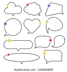 Set of black speech bubbles outline of different shapes with asterisk sign. Space for text.