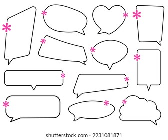 Set of black speech bubbles outline of different shapes with pink asterisk sign. Space for text.