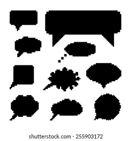set of black speech bubbles in pixel art. concept of web communion, 8 bit game, onomatopoeia, video-game, marks. isolated on white background. pixelart style trendy modern design vector illustration