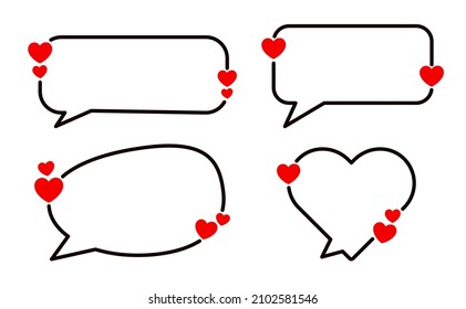 Set of black speech bubbles with red hearts. Space for text. Wedding, birthday, Valentine's Day. Vector holiday illustration.