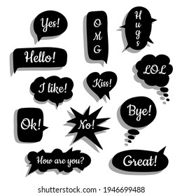 Set of black speech bubbles.Hand-drawn elements.Social chat symbols.Collection of text boxes of different shapes.Dialogue banners for networks story and posts.Add your text.Isolated.Vector