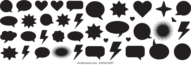 Set of black speech and thought bubbles, silhouette boxes, blank comic dialogue clouds, and outlined icon balloons shaped like love, star, and thunder.