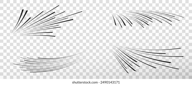 Set of black speed lines on a transparent background. Motion effect, speed lines for design. Vector png for comics.