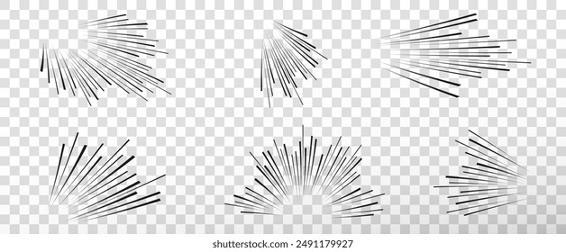 Satz von schwarzen Geschwindigkeitslinien auf einem transparenten Hintergrund. Bewegungseffekt, Geschwindigkeitslinien für Design. Vektorgrafik PNG für Comics.