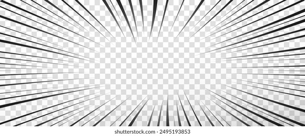 Set of black speed lines on a transparent background. Motion effect, speed lines for design. Vector png for comics.