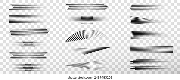 Set of black speed lines on a transparent background. Motion effect, speed lines for design. Vector png for comics.