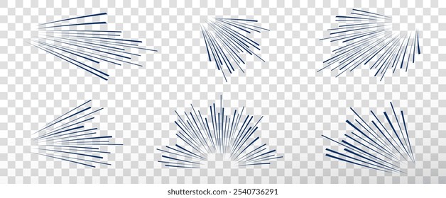 Set of black speed lines on a transparent background. Motion effect, speed lines for design. Vector png for comics.