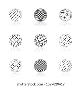 Set black sphere with halftone fill and mirror reflection, isolated on white background, vector illustration.