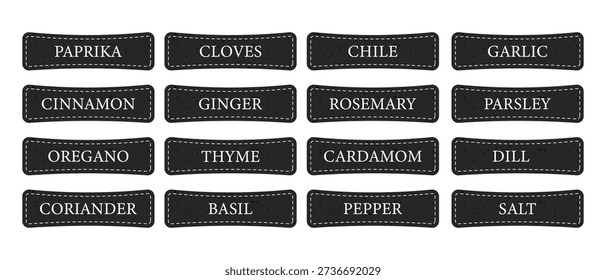 Set of black spice label stickers with white lettering. Names of herbs and seasonings for kitchen jars, packaging and menu design.