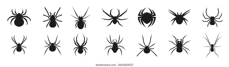 Set of black spider icons. Halloween spider icons. Spider silhouette collection