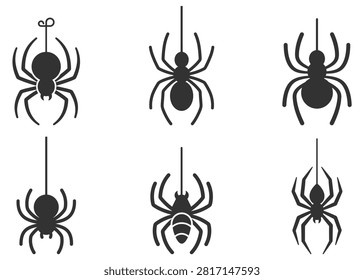 set of black spider icons hanging on webs vector illustration on transparent background