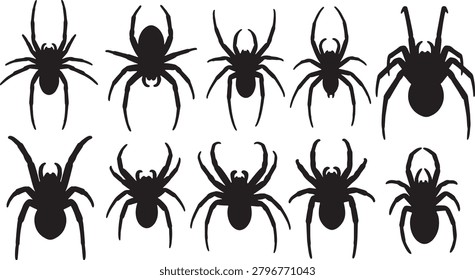 Set of black spider silhouettes featuring various creepy arachnid shapes for design.