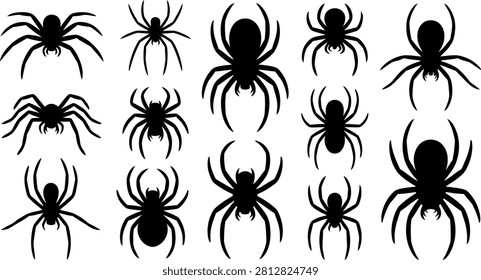 Set of black spider silhouettes on white background for halloween design