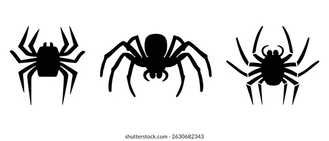 Set of Black Spider Vector Silhouettes – Creepy Insect Icons for Halloween, Nature, or Horror Designs Transparent on White Background