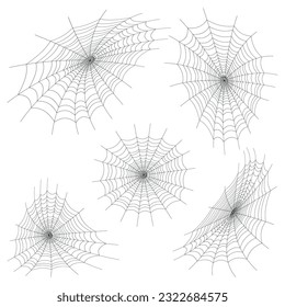 Set of black spider web for halloween on  white background. Black and white illustration of elements for decor for the celebration of Halloween. Spooky halloween decoration element for your design. 
