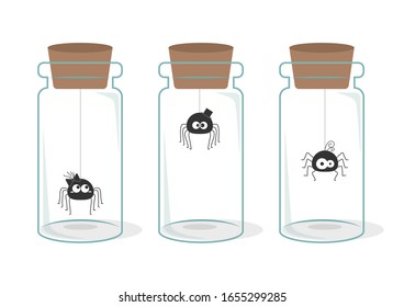 Conjunto de arañas negras colgando en la ilustración vectorial de botellas de vidrio aislado en fondo blanco. Caricatura vectorial de araña extraña. Animal experimental de insectos en frasco de vidrio.