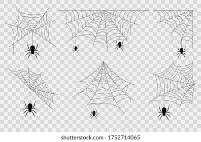 Set of black spiders hanging from seven different spider webs of assorted patterns for Halloween concepts, vector illustration