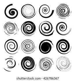 Set of black spiral elements isolated on white background. Grunge vortex shapes, different brush texture. Monochrome spiral collection. Hand drawing elements. Vector spiral illustration