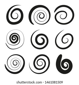 Set of black spiral and swirl motion elements. Swirling vector icons