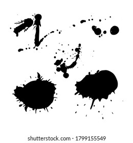 Set of black splash isolated on white background. Grunge ink blots and drops. High quality manually traced vector illustration