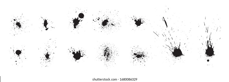 Set of black splash on white background. Grunge ink blots and drops. High quality manually traced vector illustration