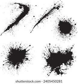 Set of black splash on white background. Grunge ink blots and drops. High quality manually traced vector illustration