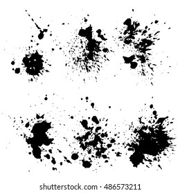 Conjunto de salpicaduras negras en la ilustración vectorial de fondo blanco. Desplome de tinta