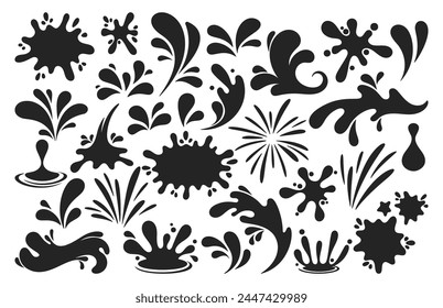 Set Of Black Splash Silhouettes With Droplets. Water Drop Shapes, Liquid Burst Splashes And Ink Blots With Drops