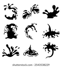 Set of Black Splashes, Water Drop Shapes Liquid Burst Splashes, Ink Blots Element
