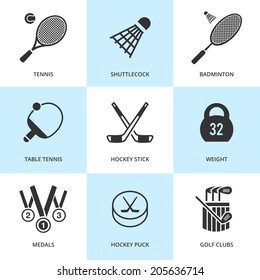 Set of black sports icons. Vector sport equipment in flat simple style.