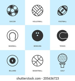 Set of black sports icons. Vector sport equipment in flat simple style.