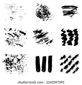 Set of black spotted, striped, wavy, rough textures isolated on a white background. Vector illustration.