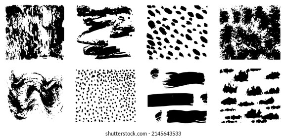 Set of black spotted textures isolated on a white background. Spots of different sizes and shapes create abstract patterns. Vector illustration.