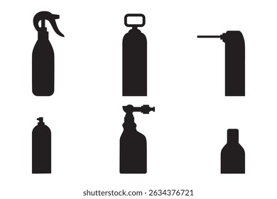 Set of black spray bottle icons for pest control and cleaning purposes.