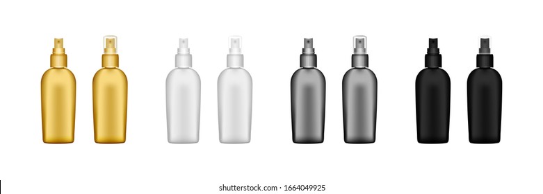 Set of black Spray Bottle Mockups - white, black, silver, golden. Realistic 3d Isolated vector illustration for package design. Blank medicine, cosmetic, household and hygiene package template