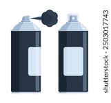 Set of black spray paint cans with silver caps, one spraying paint. Flat vector illustration isolated on white background. Art supplies and graffiti concept. Perfect for creative projects