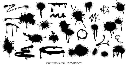 Set of black spray paint drips, lines and ink splatters. Blobs or stripes, inky blots with graffiti grunge texture. Strokes, brush stains with spatter and drops. Vector design elements in street style