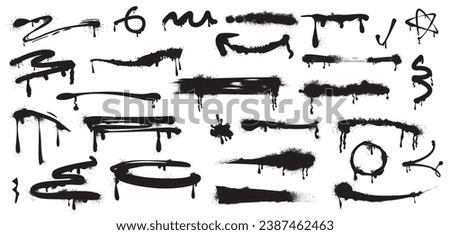 Set of black spray paint drips, abstract lines and ink splatters. Arrow, inky blots with graffiti grunge texture. Strokes, brush stains with spatter and drops. Vector design elements in street style.