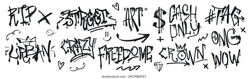 Set of black spray paint tags, slogan or lettering in graffiti style. Hand drawn ink arrows, dollar symbol with drips and splatters. Urban street art design elements, grunge fonts on white background