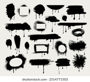 Set of Black Spray Paint Vector. Brush stroke, template splashes. Design black grunge with frame for text. Dirty artistic vector elements, ink brush strokes, boxes, lines, graffiti frames