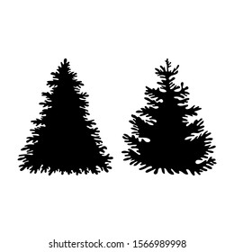 Set of black spruce in beautiful style on white background. Vector illustration isolated background. Vector nature illustration. Tree decoration. Decorative pine spruce tree. Silhouette symbol