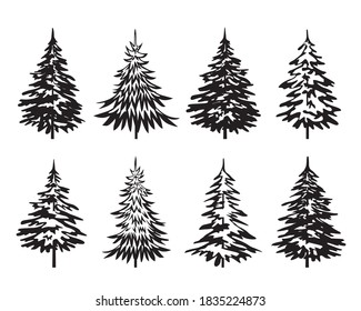 A set of Black Spruce Trees. Winter season design elements and simply pictogram. Isolated vector xmas Icons and Illustration.