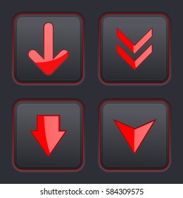 Set of black square buttons with red DOWN arrows. Vector 3d illustration
