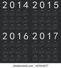 Set of black square european 2014, 2015, 2016, 2017 year vector calendars. Week starts from Monday.