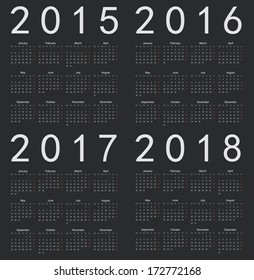 Set of black square european 2015, 2016, 2017, 2018 year vector calendars. Week starts from Monday.